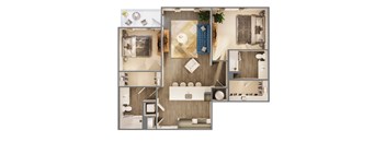 A top-down view of a modern, minimalist apartment layout.
