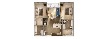 A top-down view of a modern, minimalist apartment layout.