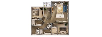 A top-down view of a small apartment layout with a kitchen, living room, and bathroom.