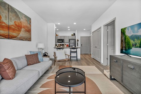 A living room with a grey couch and a coffee table.