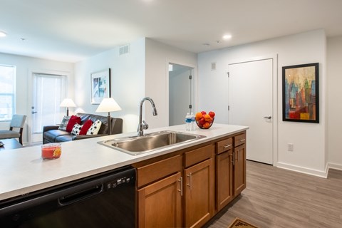 A modern kitchen with a black dishwasher and wooden cabinets.