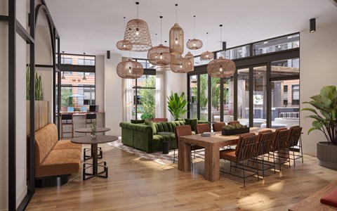 A modern dining room with a wooden table and chairs.