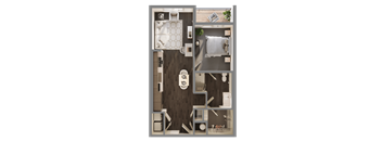 A top-down view of a small apartment layout with a kitchen, living room, and bathroom.