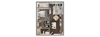 A top-down view of a modern, minimalist apartment layout.