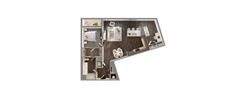 A top-down view of a house layout with a kitchen, living room, and bedrooms.