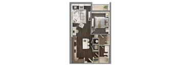 A floor plan of a small apartment with a kitchen, living room, and bedroom.