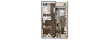 A top-down view of a small apartment layout with a kitchen, living room, and bathroom.