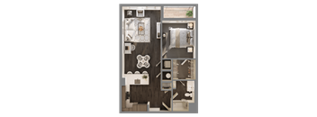 A floor plan of a small apartment with a kitchen, living room, and bedroom.