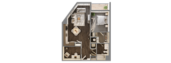 A top-down view of a house layout with a kitchen, dining area, and living room.