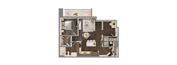 A top-down view of a house layout with a kitchen, living room, and bathroom.