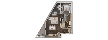 A top-down view of a house layout with a living room, kitchen, and bedrooms.