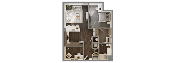 A floor plan of a small apartment with a kitchen, living room, and bedroom.