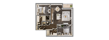 A top-down view of a modern apartment layout with a kitchen, living room, and bedroom.