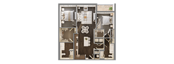 A top-down view of a house layout with a kitchen, living room, and bathroom.