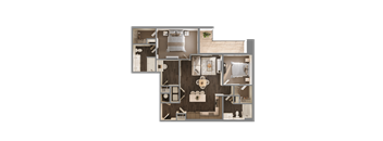 A detailed 3D floor plan of a house layout.