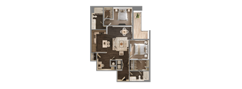 A top-down view of a house layout with a kitchen, living room, dining area, and bathroom.