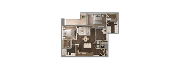 A detailed 3D floor plan of a house layout.