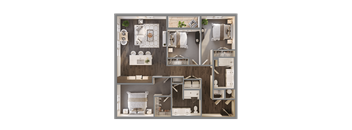 A detailed 3D floor plan of a house layout.