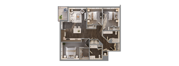 A detailed 3D floor plan of a house layout.