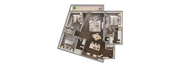 A top-down view of a house layout with a kitchen, living room, dining area, and two bedrooms.