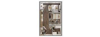 A top-down view of a small apartment layout with a bed, a desk, a kitchenette, and a living area.