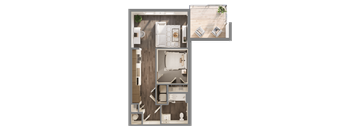 A top-down view of a room with a bed, a couch, a table, and a potted plant.