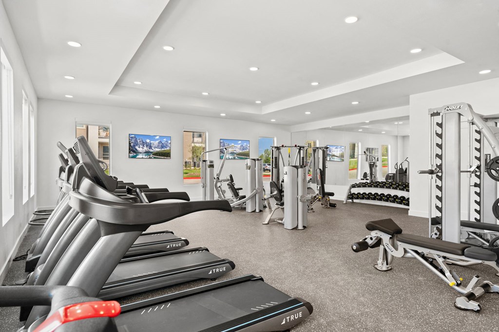 a gym with treadmills and other exercise equipment