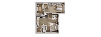 A 3D floor plan of a house with two bedrooms, a living room, a kitchen, and a bathroom.