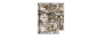 A 3D rendered image of a small apartment layout.