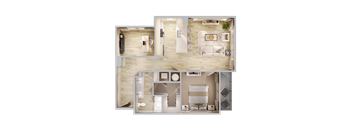 A top-down view of a modern apartment layout with a kitchen, living room, and bedroom.