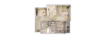 A top-down view of a modern apartment with a kitchen, living room, and bedroom.