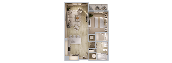 A floor plan of a small apartment with a kitchen, living room, and bathroom.