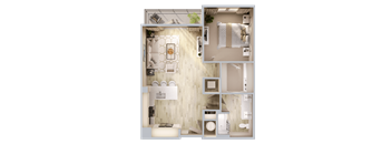 A detailed 3D floor plan of a modern bathroom.