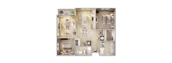 A top-down view of a modern, minimalist bedroom with a large bed, a desk, and a bathroom.