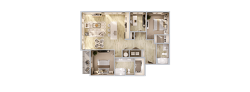 A top-down view of a house layout with various rooms and furniture.