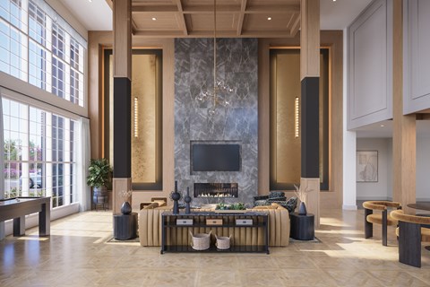 A modern living room with a fireplace and a large painting on the wall.