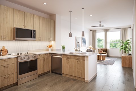 A modern kitchen with wooden cabinets and stainless steel appliances.