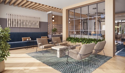 A modern living room with a blue sofa and wooden furniture.