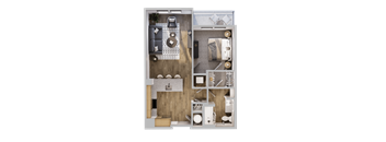 A top-down view of a room layout with a kitchen, living room, and bathroom.