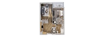 A top-down view of a small apartment layout with a living area, kitchen, and bathroom.