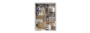 A top-down view of a well-organized room with a kitchen, living room, and bathroom.