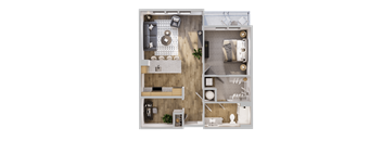 A top-down view of a small apartment layout with a kitchen, living room, and bathroom.