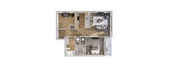 A top-down view of a living room, kitchen, and bedroom in a house.