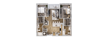 A top-down view of a house layout with various rooms and furniture.