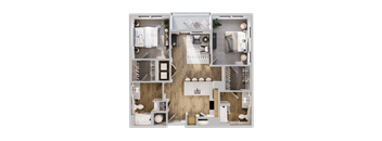 A top-down view of a modern apartment layout with a kitchen, living room, and bathroom.
