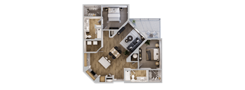 A top-down view of a house layout with a living room, kitchen, and bedrooms.
