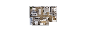 A top-down view of a house layout with various rooms and furniture.