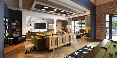 A modern living room with a pool table and a television.