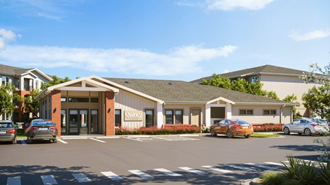 The front entrance of The Quincy at Eastfield with a parking lot in front.