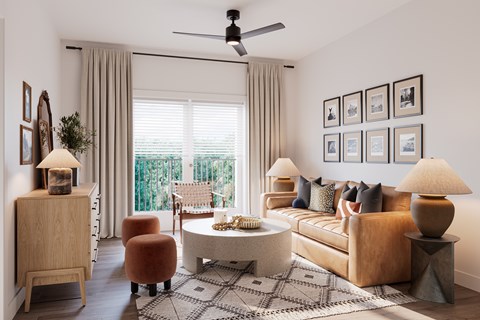 A living room with a brown sofa, a wooden cabinet, a chair, a table with a lamp, and pictures on the wall.
